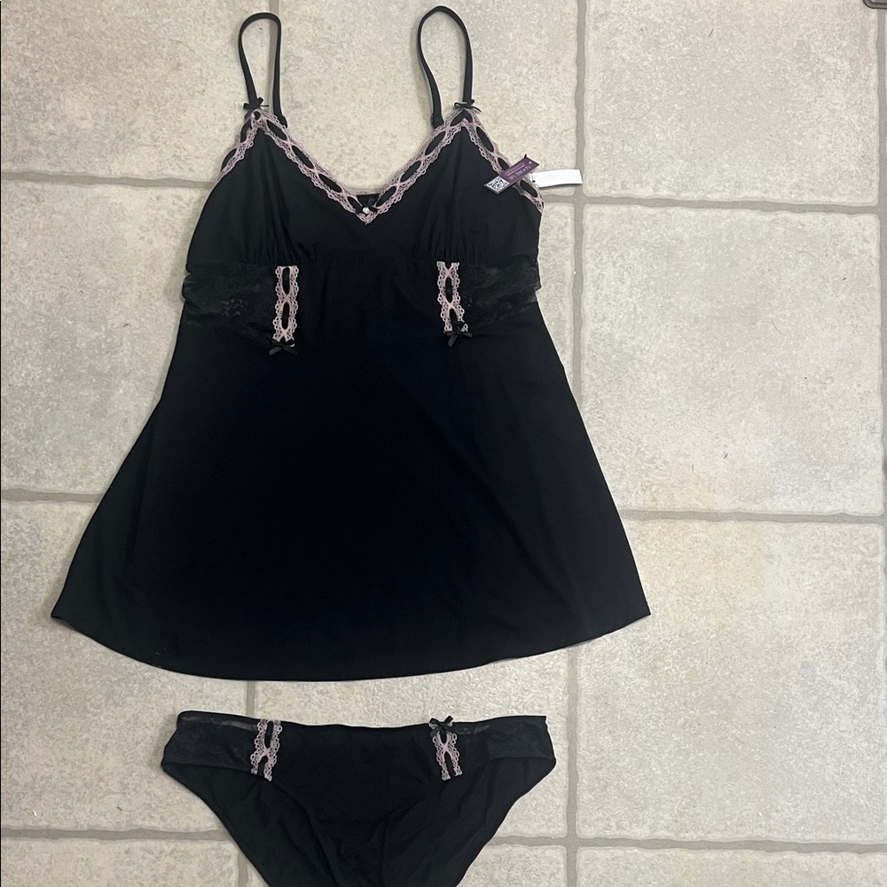 Adore Me Black Chemise with Pink Lace Trim and Matching Brief